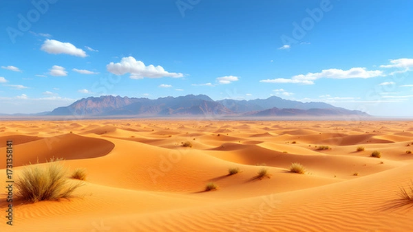 Fototapeta A scenic view of a vast desert landscape with rolling sand dunes and distant mountains under a blue sky