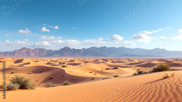 Fototapeta A panoramic view of a vast desert landscape with sand dunes and distant mountains under a clear blue sky