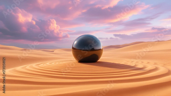 Fototapeta A reflective sphere sitting in the middle of a desert landscape under a colorful sky with clouds