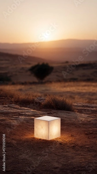 Fototapeta Illuminated cube in desert landscape