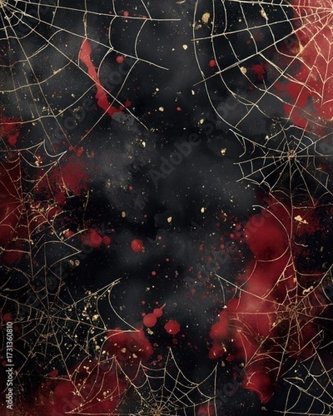 Obraz Elegant dark luxury Halloween background with black crushed velvet, gold foil spiderwebs and deep blood red splatters in Art Deco style