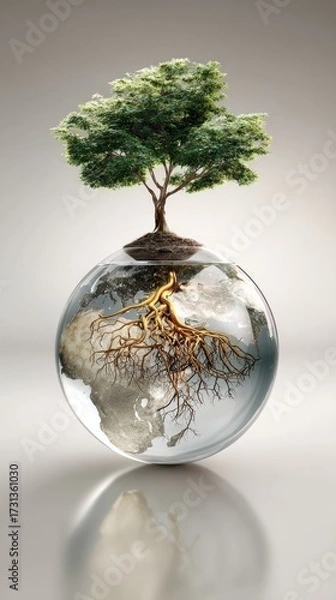 Fototapeta Tree inside globe earth and roots environmental concept