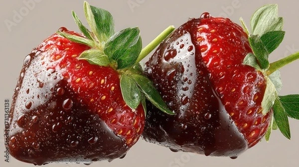 Fototapeta Close-up of two fresh ripe strawberries with green leaves and water droplets on a white background, detailed macro shot showing texture and vibrant red color