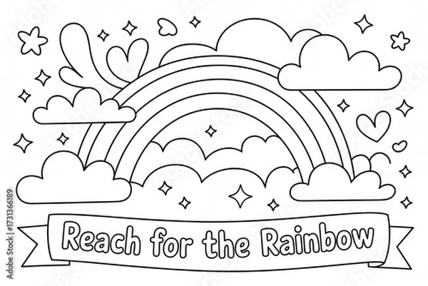 Fototapeta Coloring Page: Whimsical Rainbow with Clouds, Stars, and Hearts