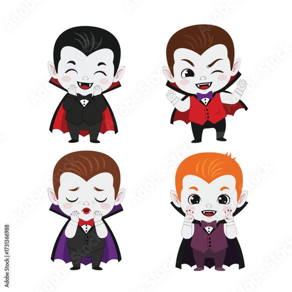 Fototapeta Four cartoon vampires with varying expressions, wearing capes and suits, smiling and gesturing.