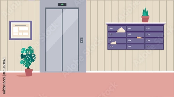 Fototapeta Elevator Hallway. Apartment Elevator Lobby with Notice Board, and Staircase. A residential corridor. The interior of the 1st floor. Vector illustration of the interior of a room, corridor or hallway f