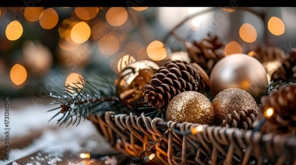 Fototapeta Christmas ornaments and pine cones resting in wicker basket with warm bokeh lights