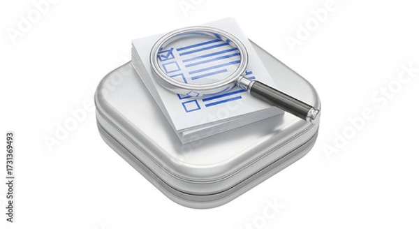Fototapeta Magnifying glass over a stack of papers with checkboxes, isolated on transparent background