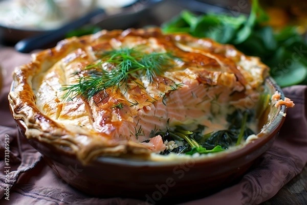 Fototapeta Delicious salmon and spinach pie in a rustic dish