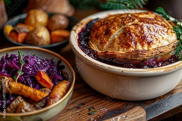 Fototapeta Delicious game pie with roasted vegetables and red cabbage.