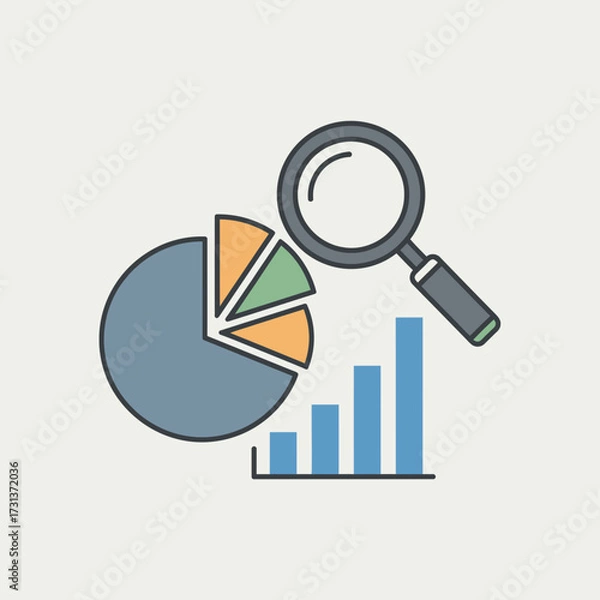 Fototapeta Magnifying glass over pie chart and bar graph.