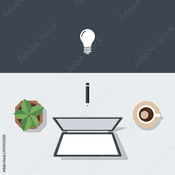 Fototapeta Desk setup with laptop plant and coffee under a lightbulb idea.