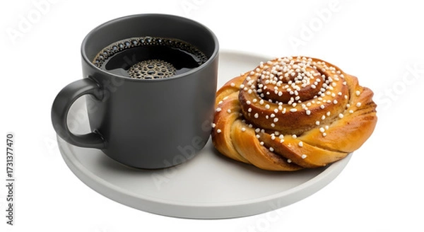 Fototapeta A dark grey mug filled with hot black coffee next to a cinnamon roll with pearl sugar, isolated on transparent background