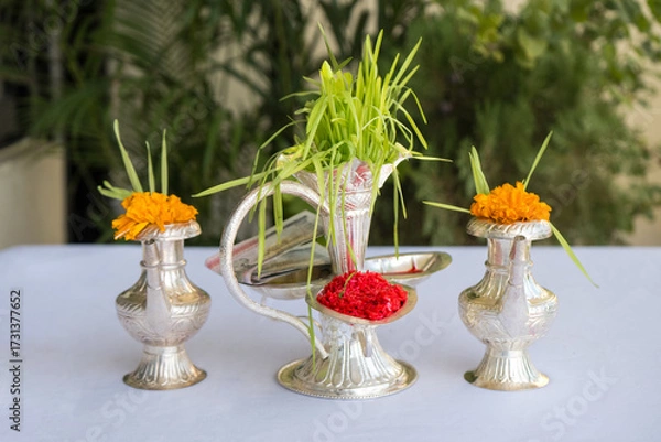 Obraz Tika and Jamara placed in a silver utensil with barley sprouts, money, and fruits for the Vijaya Dashami ceremony during Dashain festival in Nepal.