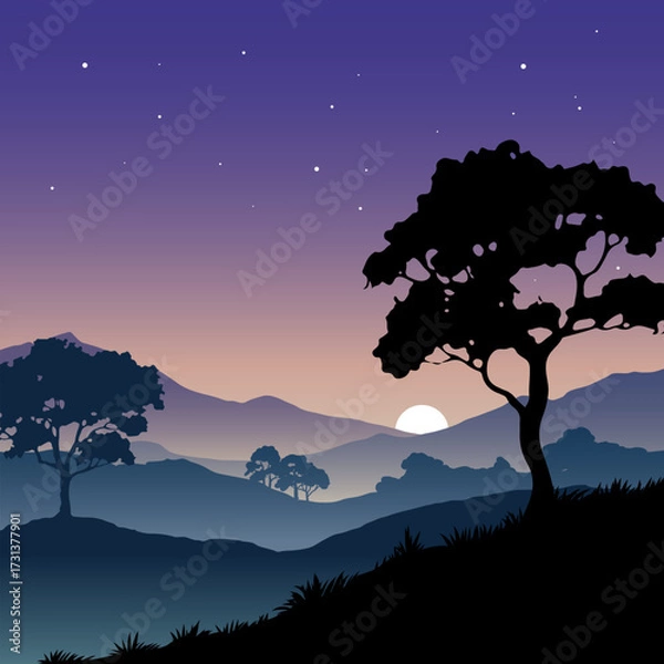 Obraz Serene sunset over mountain forest
