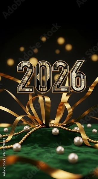 Fototapeta Art Deco 2026 Numbers with Gold Ribbon and Pearls new year