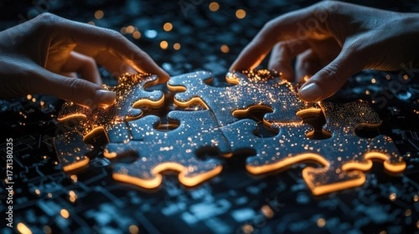 Obraz Glowing Puzzle Pieces: Hands Connecting Illuminated Jigsaw, Dark Background.