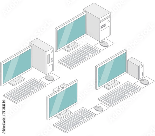 Fototapeta アイソメトリックな主線ありのデスクトップパソコンの色々な素材セット
