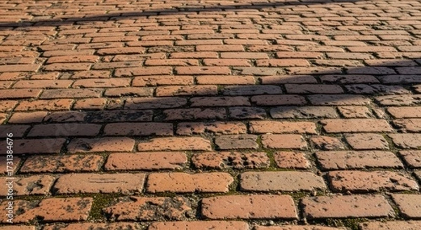 Fototapeta Red brick pavement pattern with moss growing between the bricks
