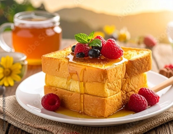 Obraz ベリーとたっぷりの蜂蜜がかかったトースト