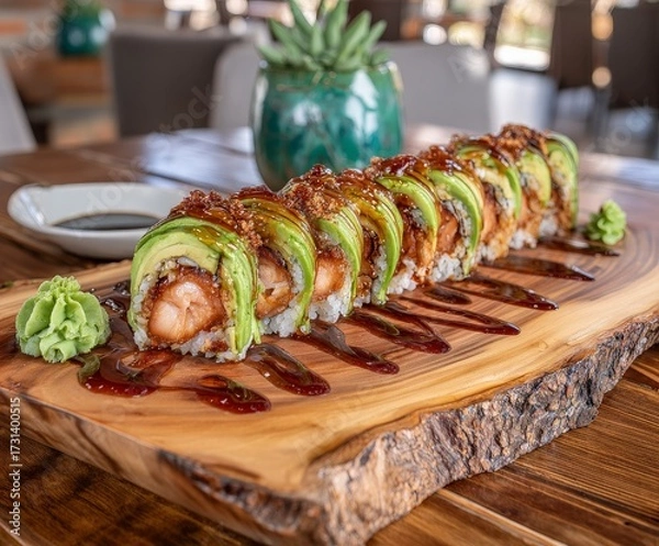 Fototapeta Delectable sushi roll with fresh avocado and shrimp, artfully presented on a rustic wooden board