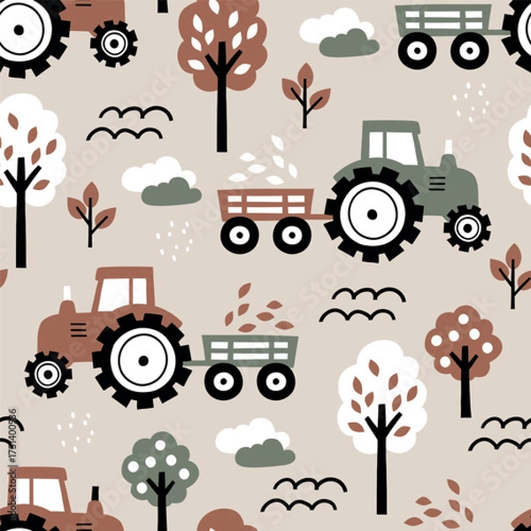 Fototapeta Seamless vector pattern with hand drawn cute tractors. Perfect for textile, wallpaper or nursery print design. EPS10 vector file.
