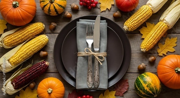 Obraz Elegant dark plate and silverware centered among natural fall holiday decorations on a textured wooden background