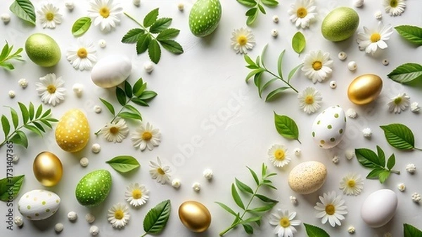 Obraz Easter eggs decorated with green, white, and gold patterns, surrounded by fresh green leaves and delicate white daisies, arranged on a clean white background