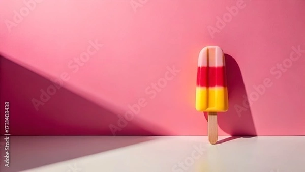 Obraz A colorful tricolor popsicle with a wooden stick casting a long shadow against a vibrant pink background, evoking summer vibes and refreshment