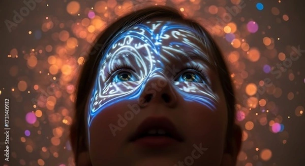 Fototapeta A person's face illuminated with a blue and white patterned light projection.