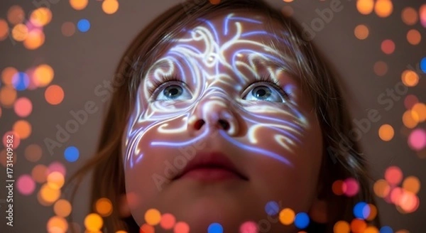 Fototapeta Young child's face illuminated by intricate light patterns, surrounded by soft, colorful bokeh lights, evoking wonder and imagination.