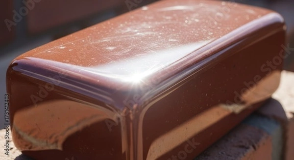 Obraz Shiny brown rectangular object sits on a brick surface outside