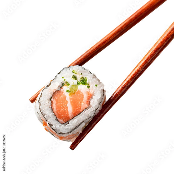 Fototapeta Salmon sushi roll piece held with chopsticks on white background. 