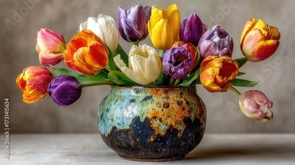Fototapeta Vibrant multicolored tulips in a rustic ceramic vase on a wooden surface with a neutral background, fresh flowers, floral arrangement, sp decor, home decoration