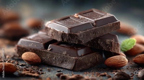Fototapeta Assorted dark chocolate bars stacked with almonds and mint leaves on rustic surface for gourmet treat or confectionery concept