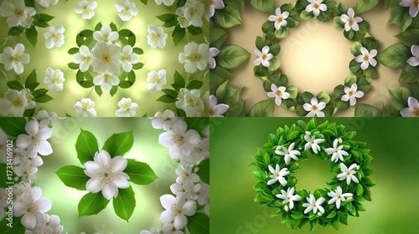 Fototapeta Collage of floral patterns with white blossoms and green leaves on colorful backgrounds