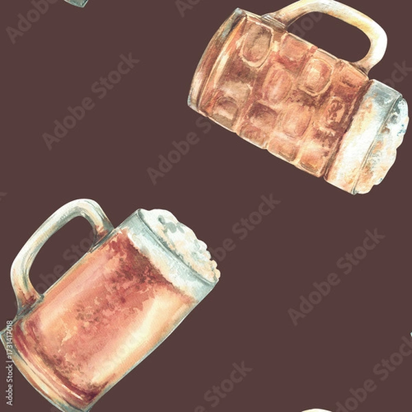 Fototapeta Beer mug with light beer and foam seamless pattern. Watercolor litre of beer, a pint of ale, traditional drink at Oktoberfest festival Hand drawn illustration fabric on isolated dark brown background