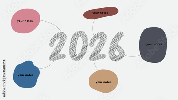 Fototapeta ABSTRACT BACKGROUND 2026 WITH HANDDRAWN SHAPES BUBBLE TEXT NOTES COLORFUL PASTEL SIMPLE DESIGN