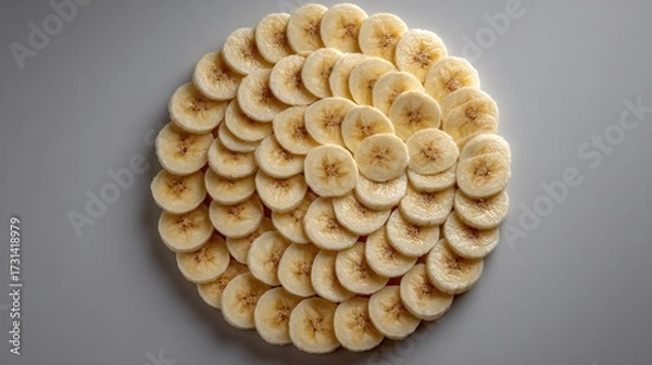 Fototapeta Freshly sliced ripe bananas arranged in a circular pattern on a smooth gray surface with natural lighting highlighting their golden yellow color and soft texture