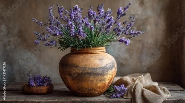 Fototapeta Elegant large rustic clay vase filled with fresh purple lavender flowers on aged textured wall background for home decor or floral arrangement display