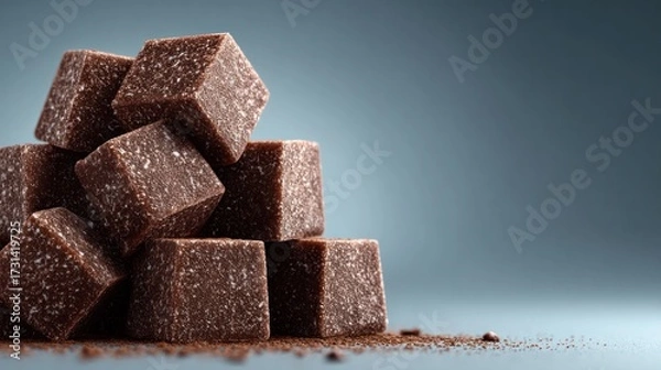 Fototapeta Close-up of a pile of brown sugar cubes on a dark surface with fine sugar grains scattered around, highlighting the texture and appearance of sweet natural ingredients