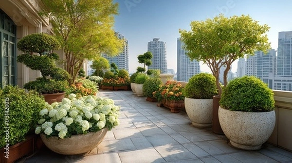 Fototapeta Modern urban rooftop garden with large potted plants and lush greenery overlooking city skyline on a bright sunny day with clear blue sky and tall buildings in the background