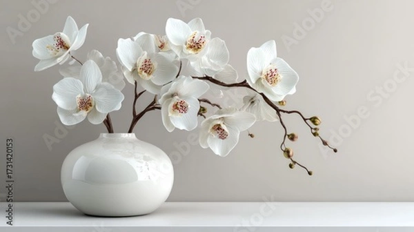 Fototapeta Elegant white orchid flower arrangement in a smooth round ceramic vase on a plain neutral background with soft lighting and delicate botanicals for home decor