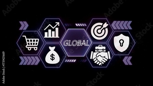 Fototapeta Global business icons with shopping cart money graph target handshake and security