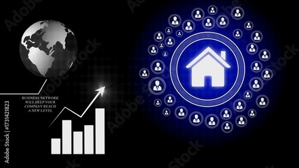 Fototapeta Globe with business growth chart and network of people around house icon