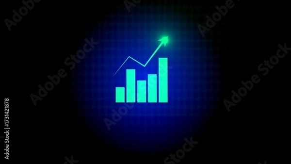 Fototapeta Green bar graph with upward trending arrow on blue grid