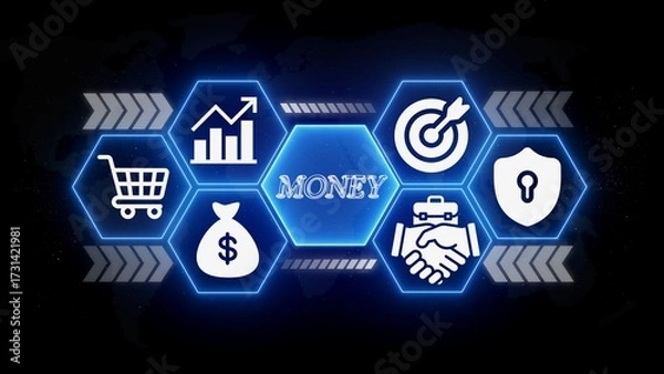 Fototapeta Money concept with business icons in glowing hexagons