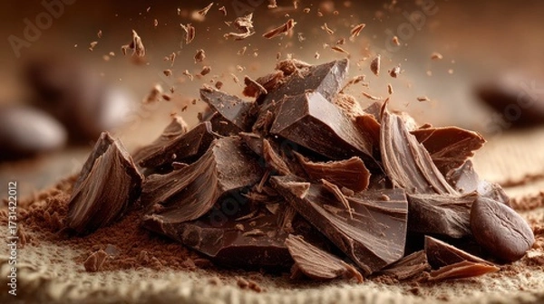 Fototapeta Close-up of shattered dark chocolate pieces with cocoa powder dust and crumbs falling, high detail macro shot of chocolate fragments for dessert or confectionery