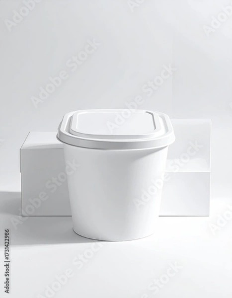 Fototapeta White container, lid on, sits before a white block