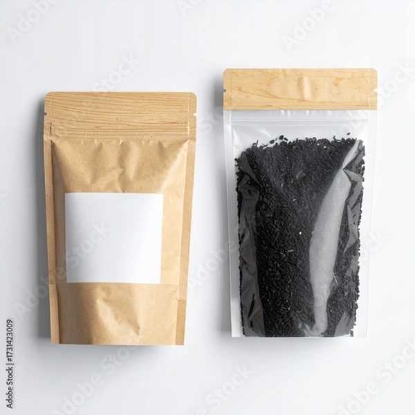 Fototapeta Two pouches, one filled with seeds, on a white background